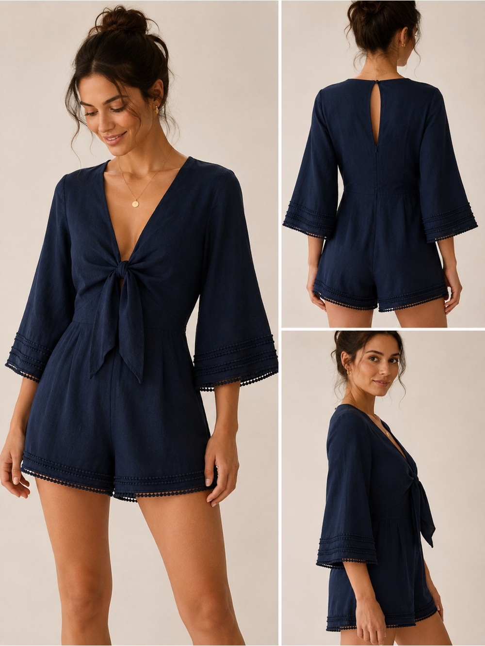 Women’s Navy Tie-Front Romper